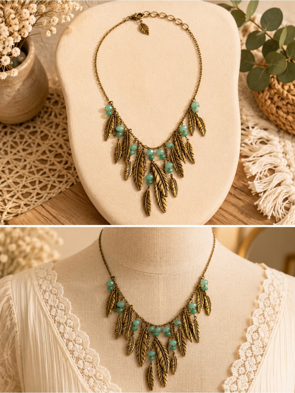 Boho Leaf Fringe Necklace with Aqua Beads - Women Jewelry
